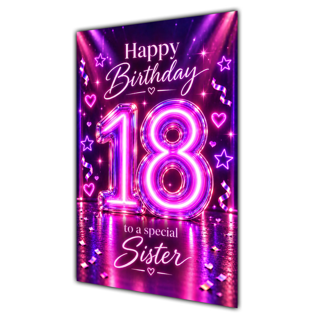 Sister 18th Birthday Card - Pink Neon Number and Hearts