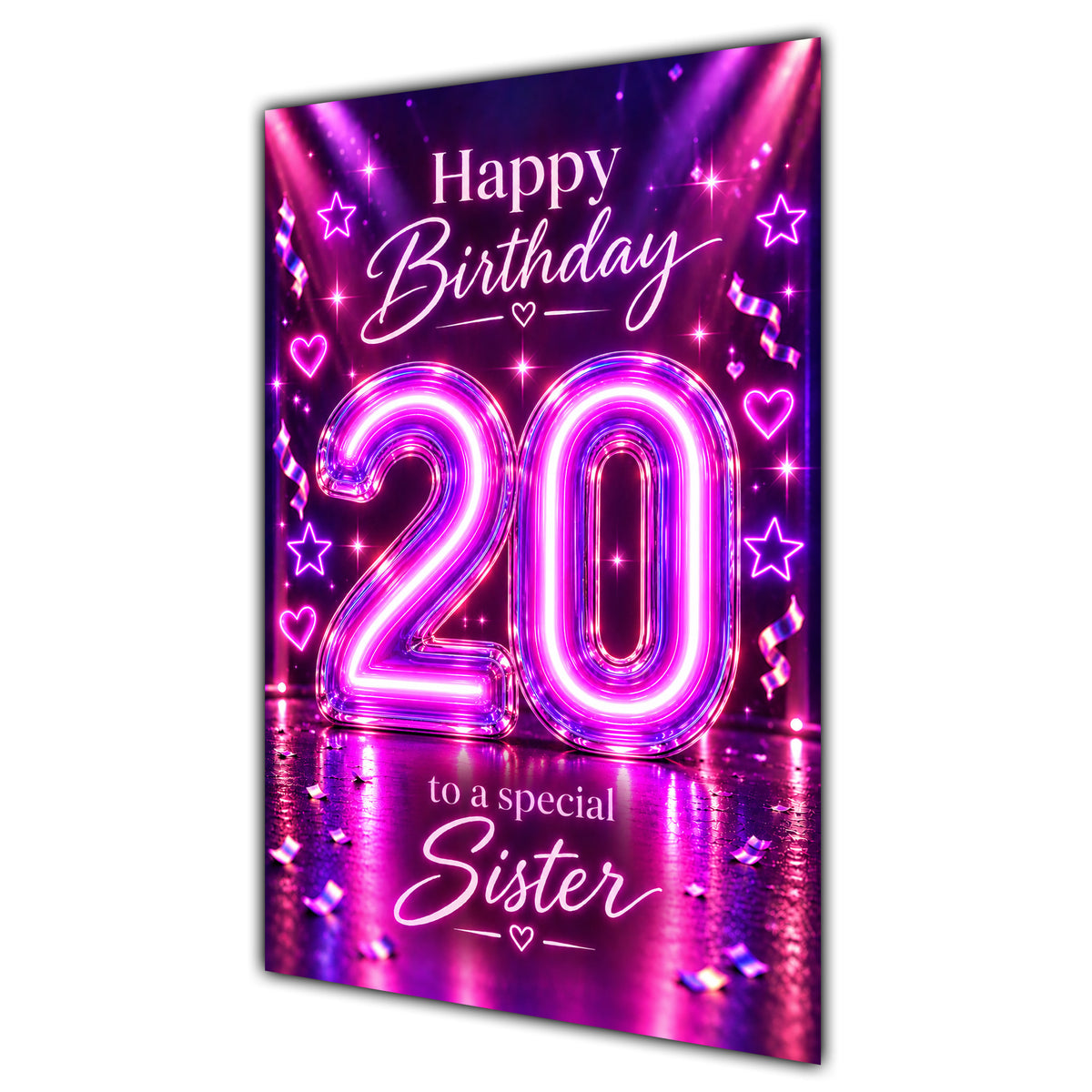 Sister 20th Birthday Card - Pink Neon Number and Hearts