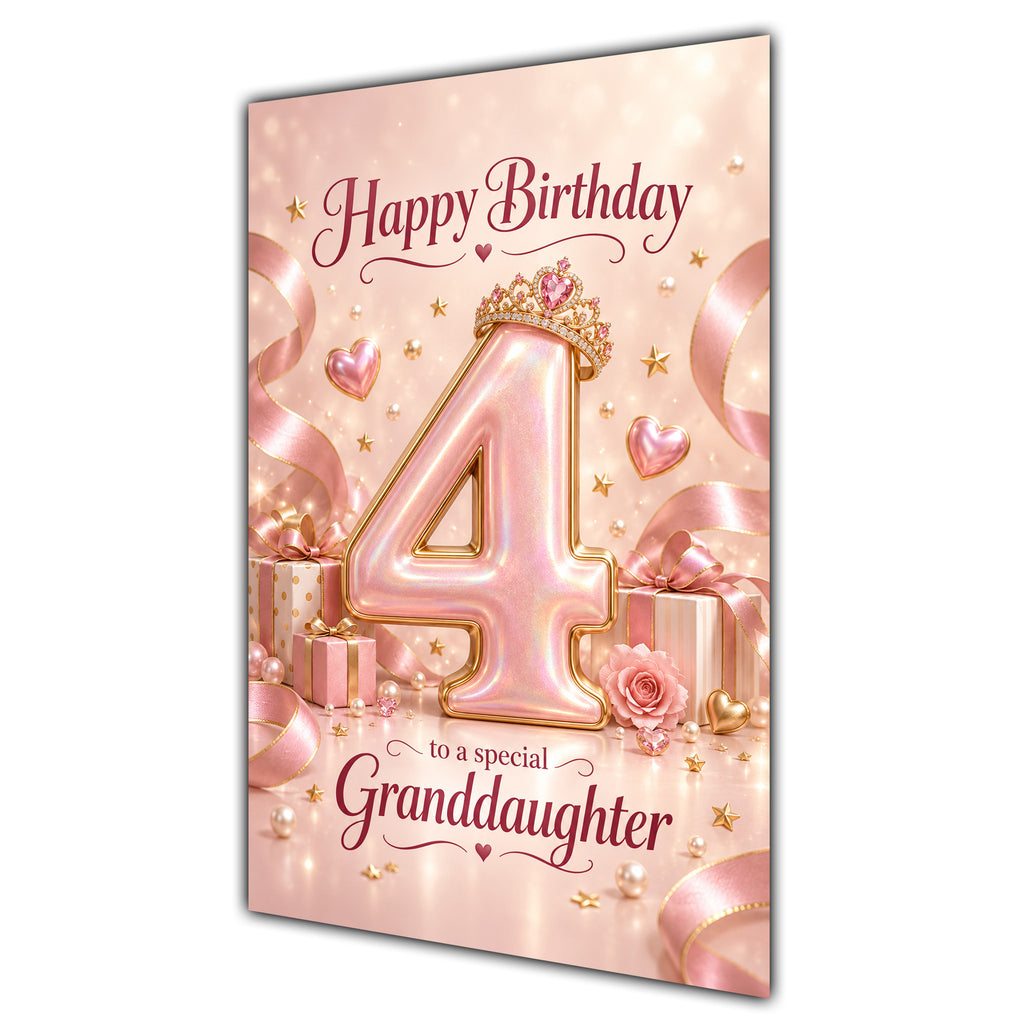 Granddaughter 4th Birthday Card - Rose Gold Number and Crown
