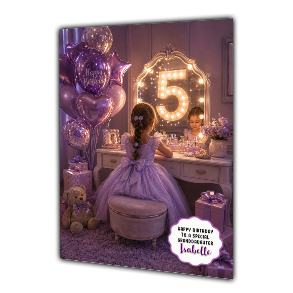 5th Birthday Card For Girls, Daughter, Granddaughter, Niece, Brown Hair, Dressing Table