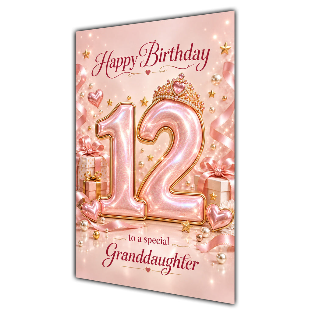 Granddaughter 12th Birthday Card - Rose Gold Number and Crown