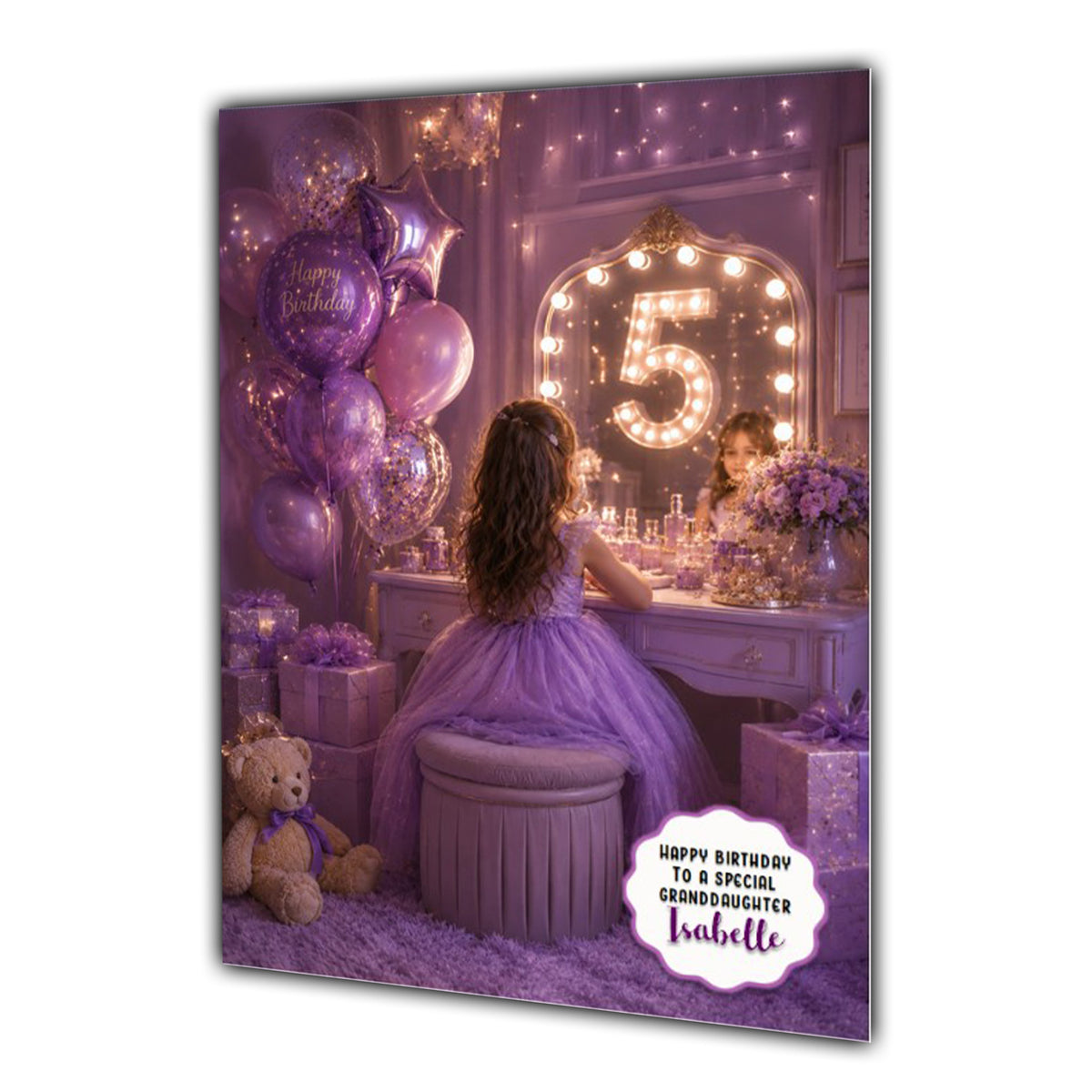 5th Birthday Card For Girls, Daughter, Granddaughter, Niece, Brown Hair, Dressing Table