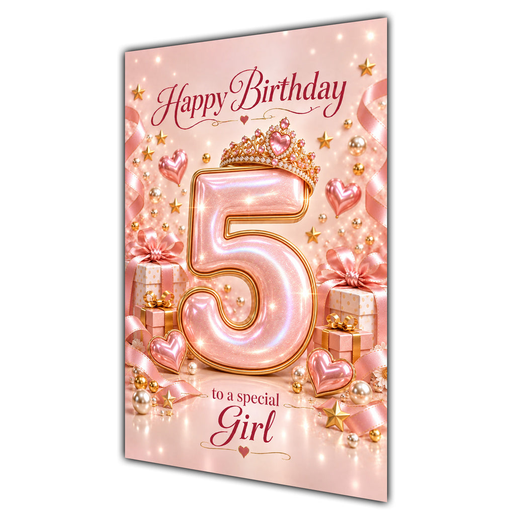 Girl 5th Birthday Card - Rose Gold Number and Crown