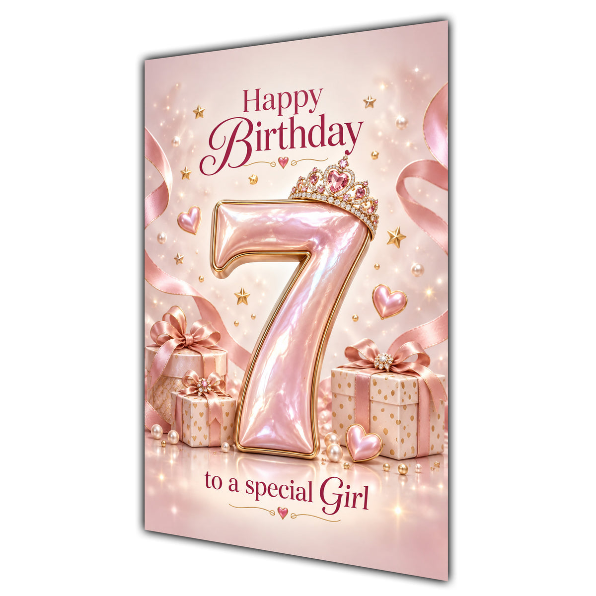 Girl 7th Birthday Card - Rose Gold Number and Crown