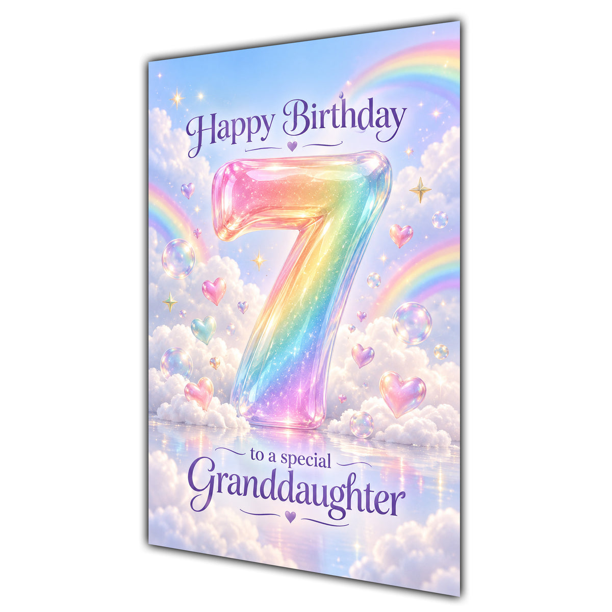 Granddaughter 7th Birthday Card - Pastel Rainbow Number and Clouds