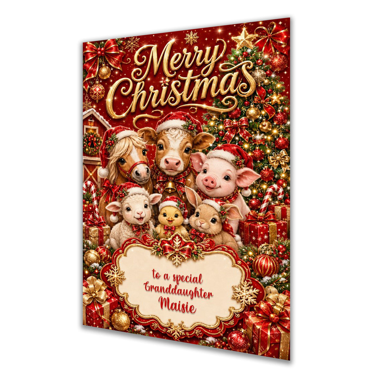 Personalised Christmas Card - Cute Farm Animals in Red
