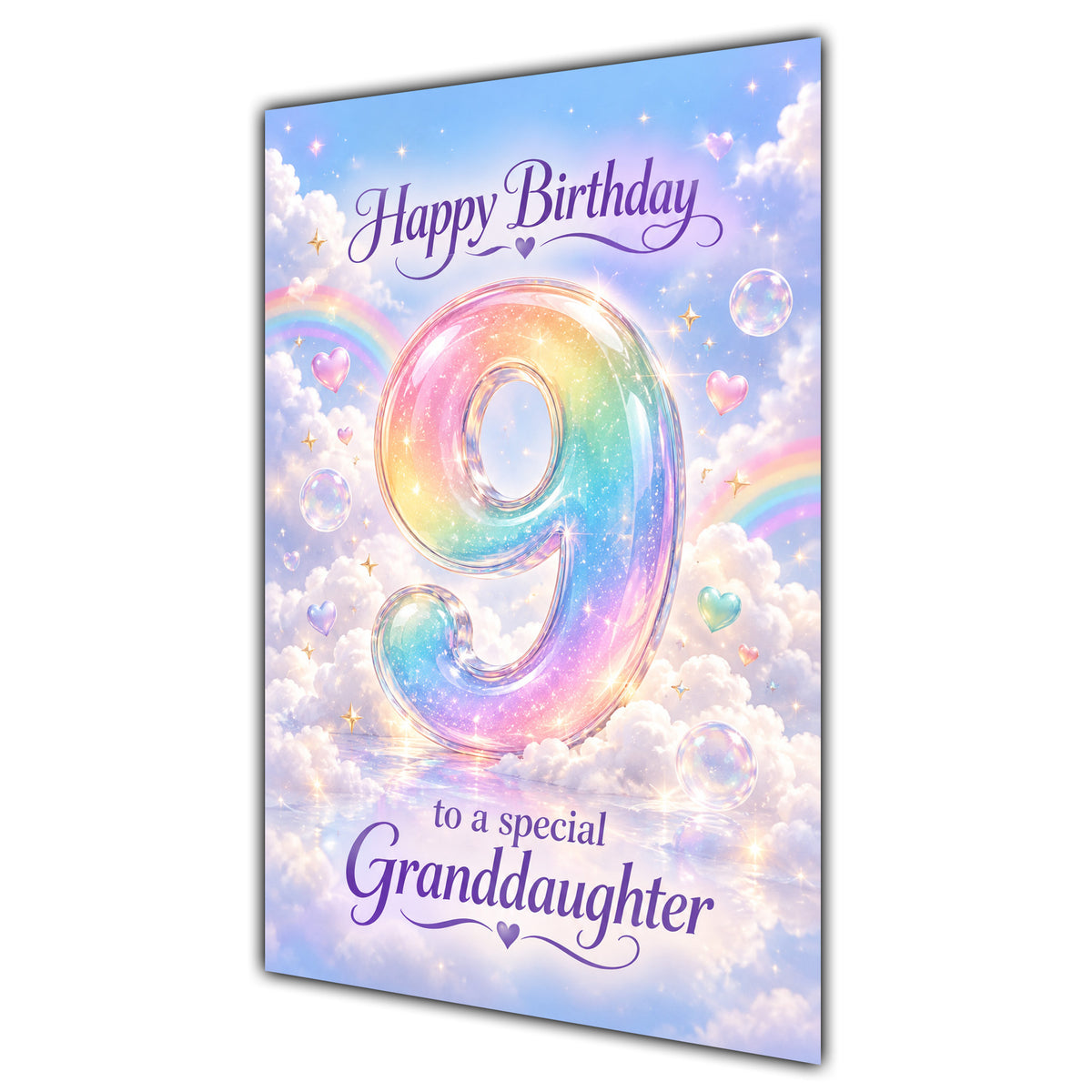 Granddaughter 9th Birthday Card - Pastel Rainbow Number and Clouds