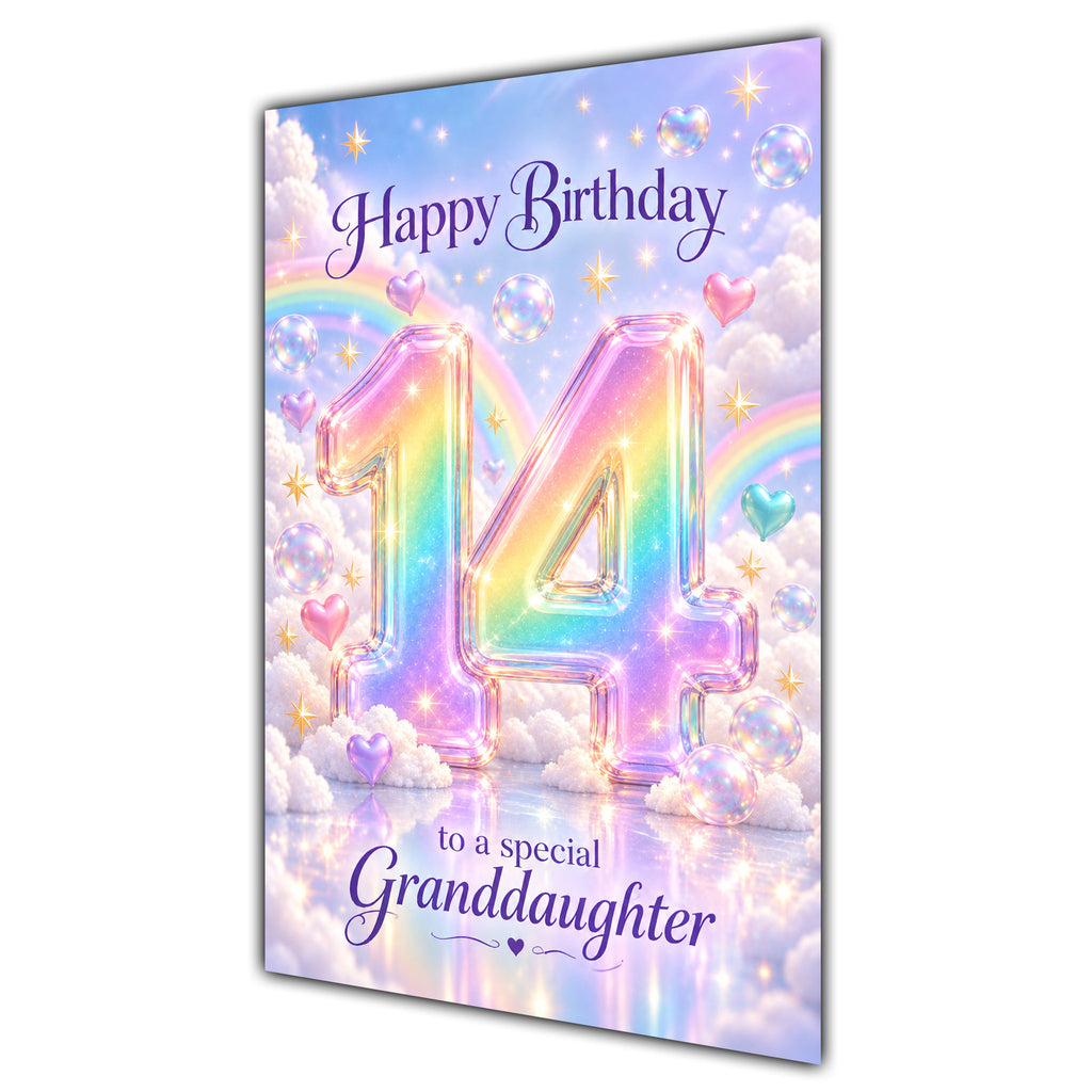 Happy 14th Birthday Granddaughter Pastel Rainbow Clouds Card A5