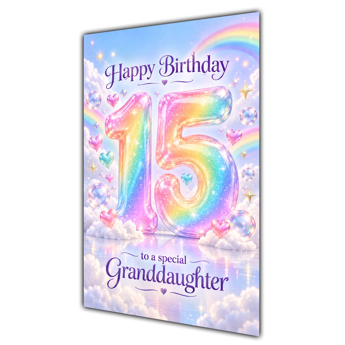 Granddaughter 15th Birthday Card - Pastel Rainbow Number and Clouds