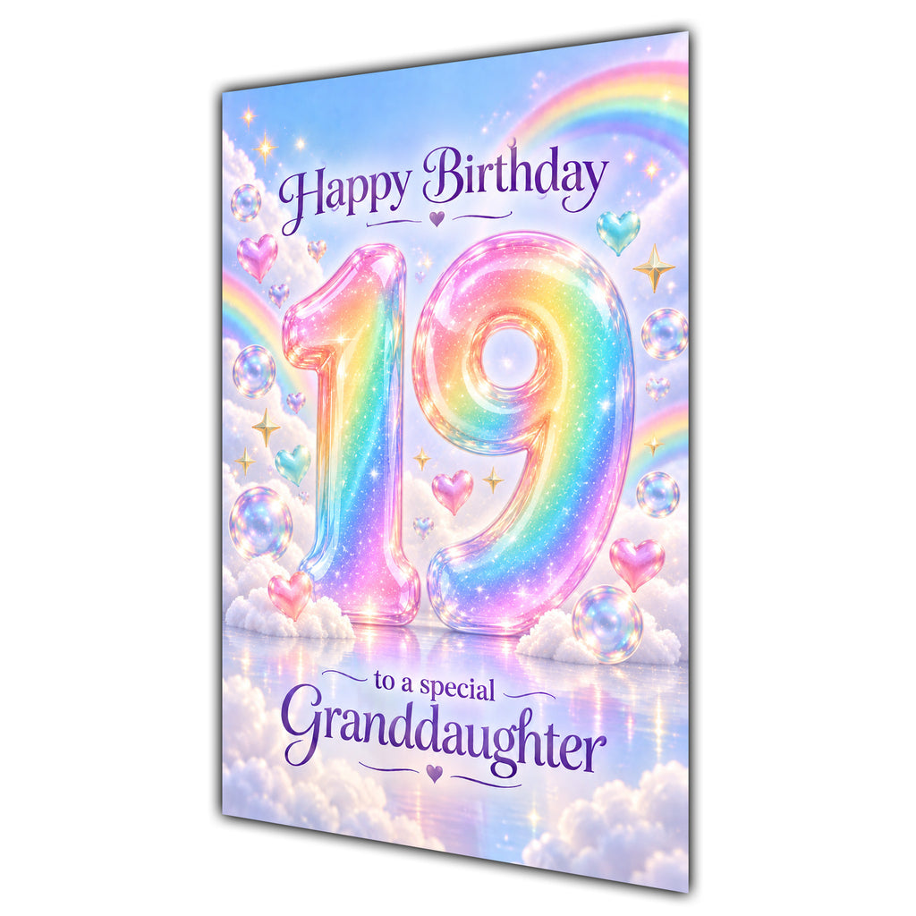 Granddaughter 19th Birthday Card - Pastel Rainbow Number and Clouds
