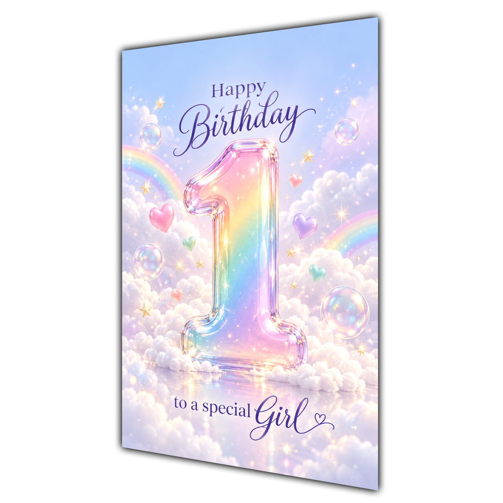 Happy 1st Birthday Special Girl Pastel Rainbow Clouds Card A5