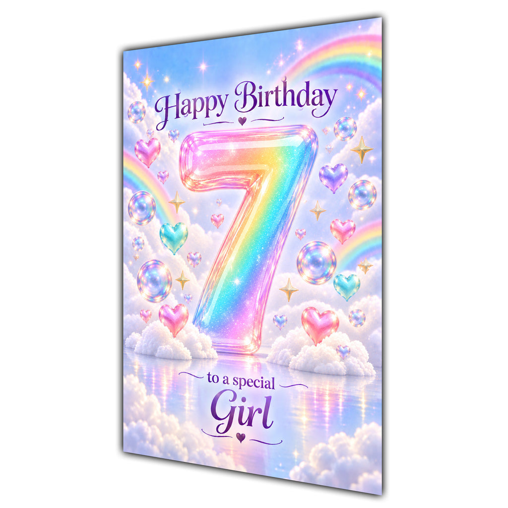 Girl 7th Birthday Card - Pastel Rainbow Number and Clouds