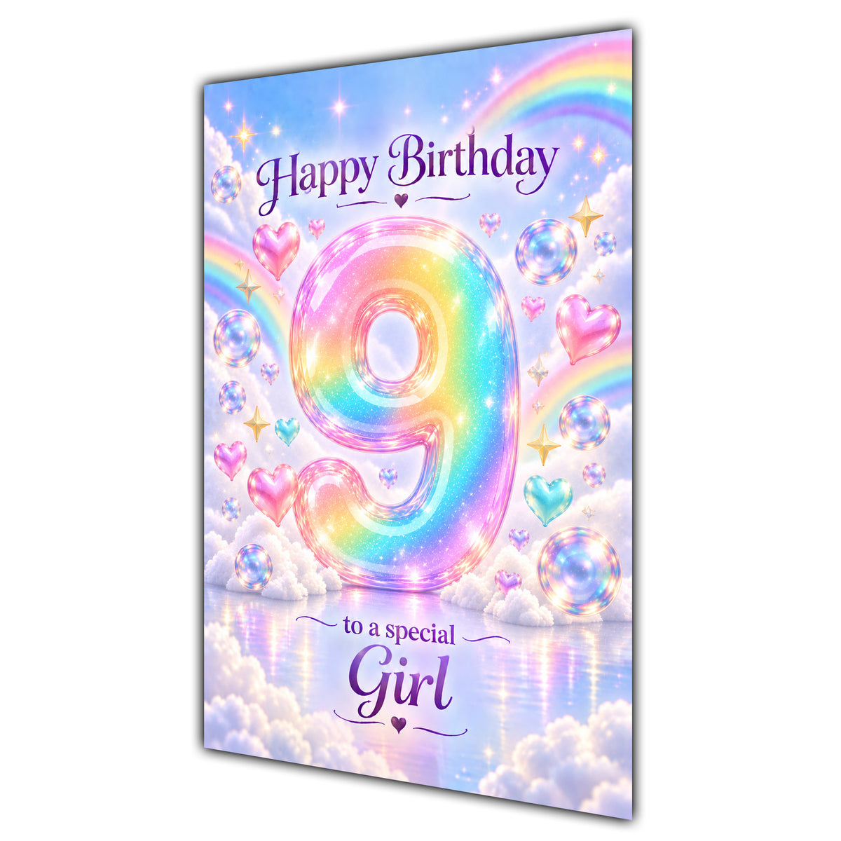 Girl 9th Birthday Card - Pastel Rainbow Number and Clouds