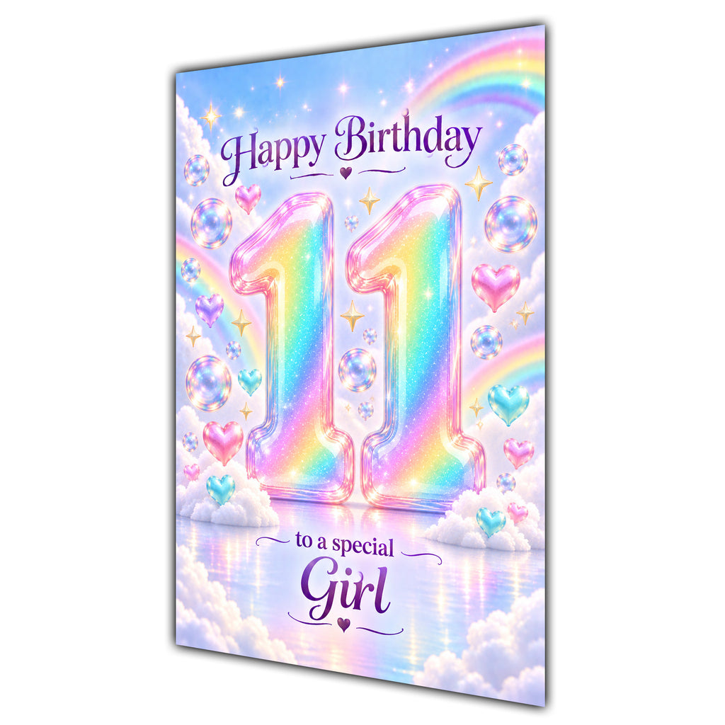 Happy 11th Birthday Special Girl Pastel Rainbow Clouds Card A5