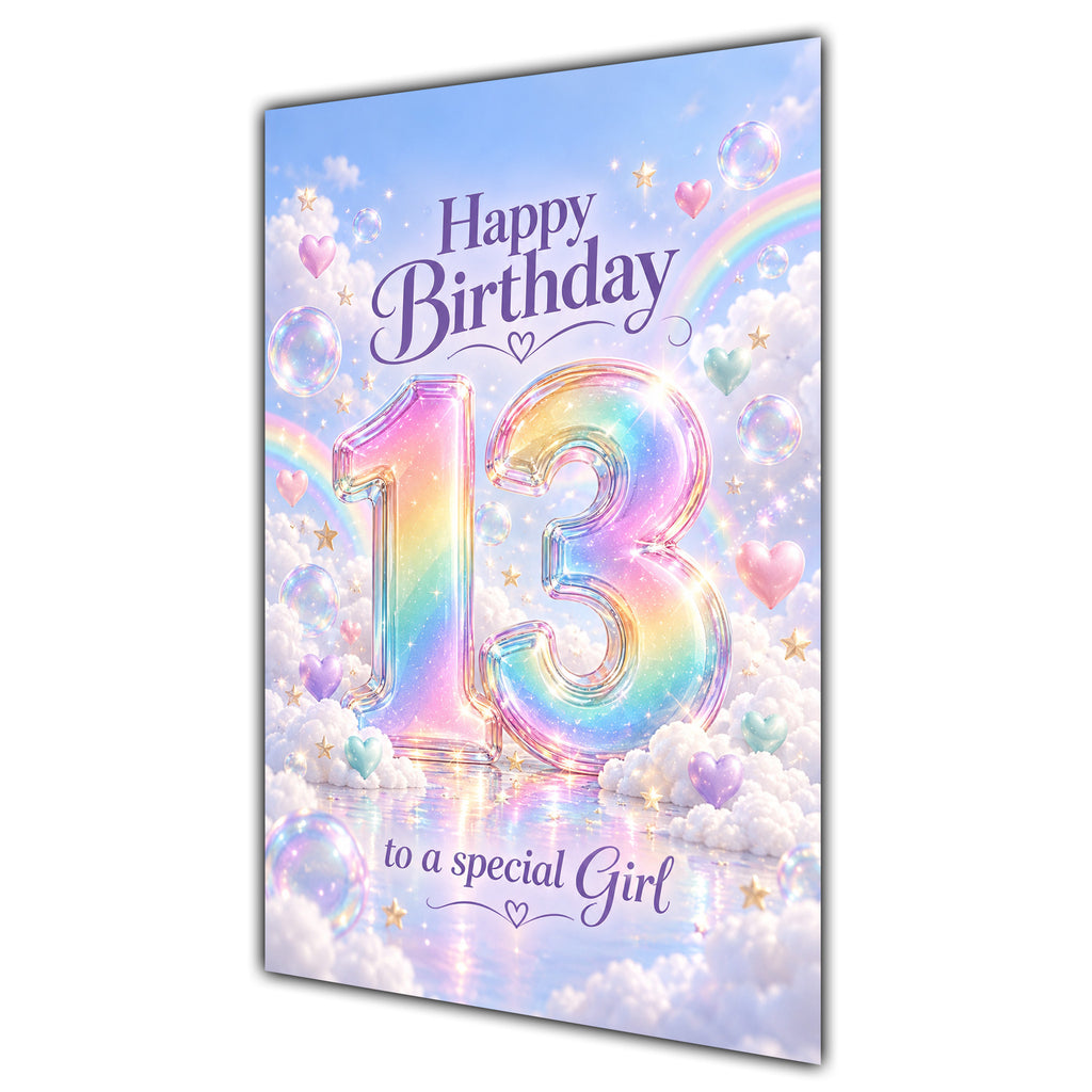 Girl 13th Birthday Card - Pastel Rainbow Number and Clouds