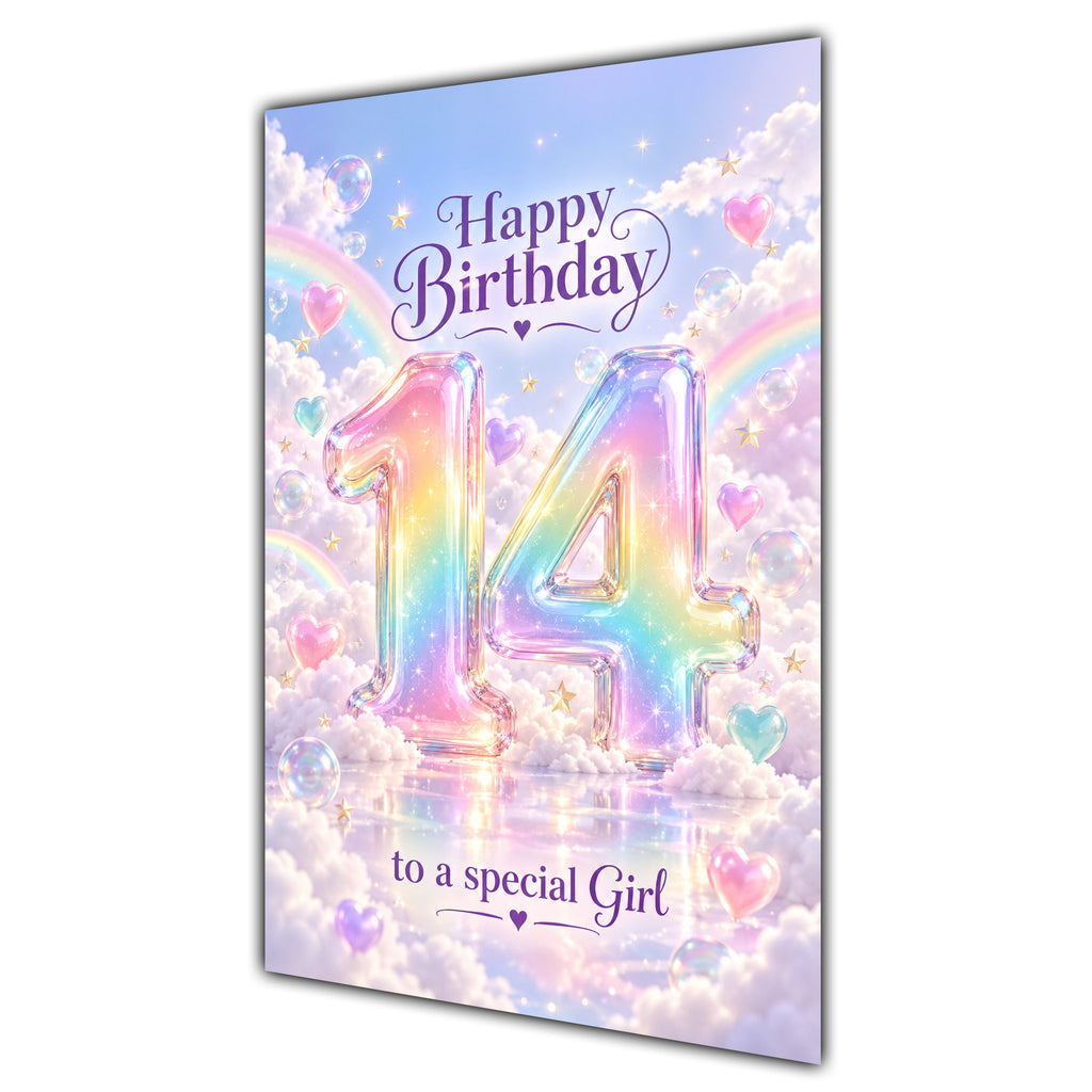 Happy 14th Birthday Special Girl Pastel Rainbow Clouds Card A5