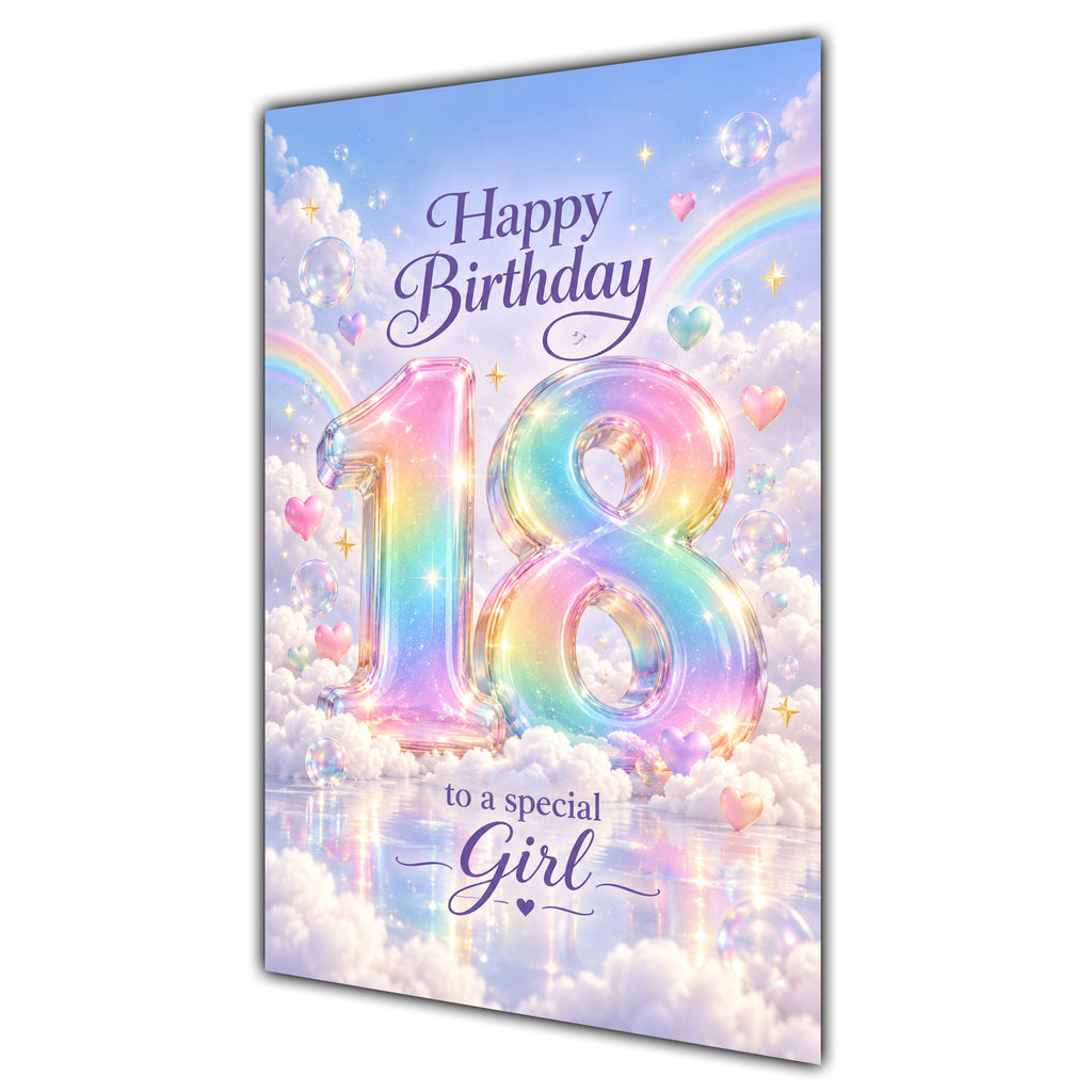 Girl 18th Birthday Card - Pastel Rainbow Number and Clouds