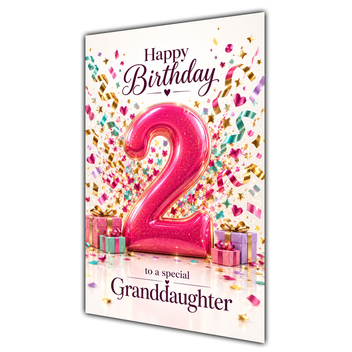 Granddaughter 2nd Birthday Card - Pink Number and Confetti