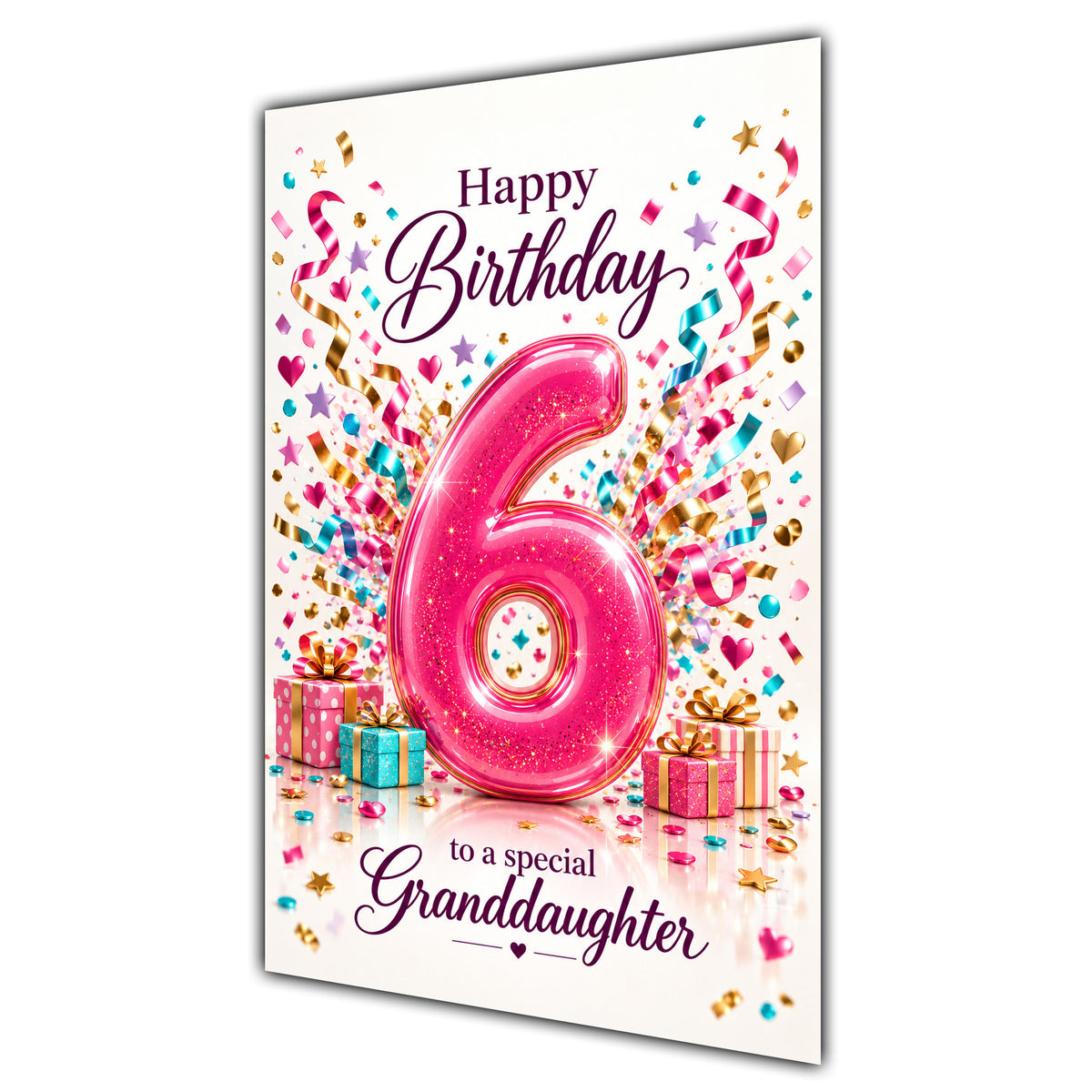 Granddaughter 6th Birthday Card - Pink Number and Confetti