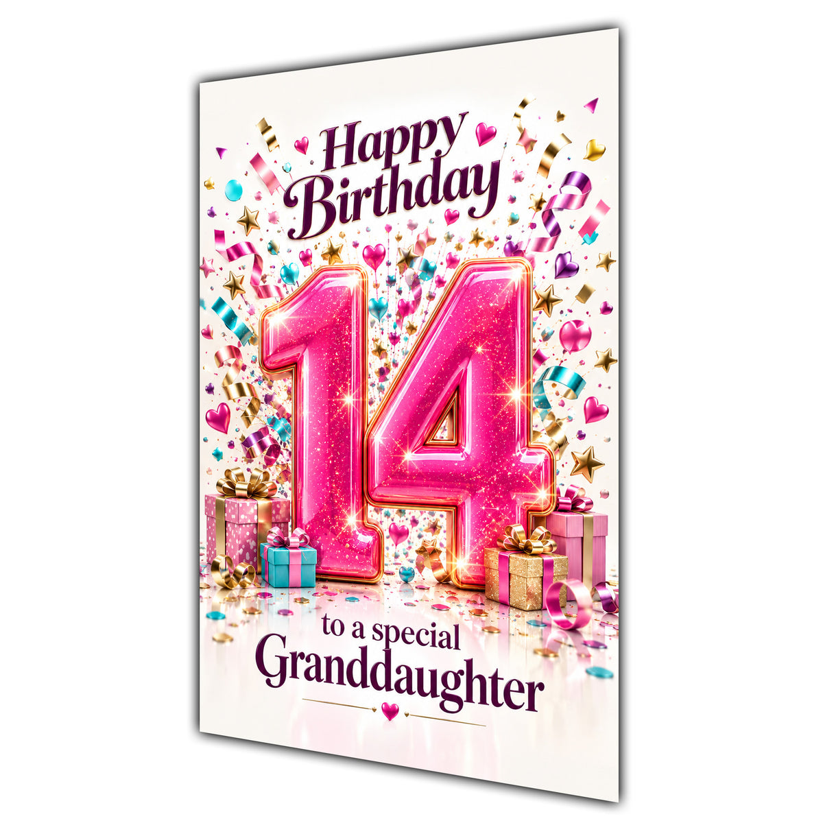 Granddaughter 14th Birthday Card - Pink Number and Confetti