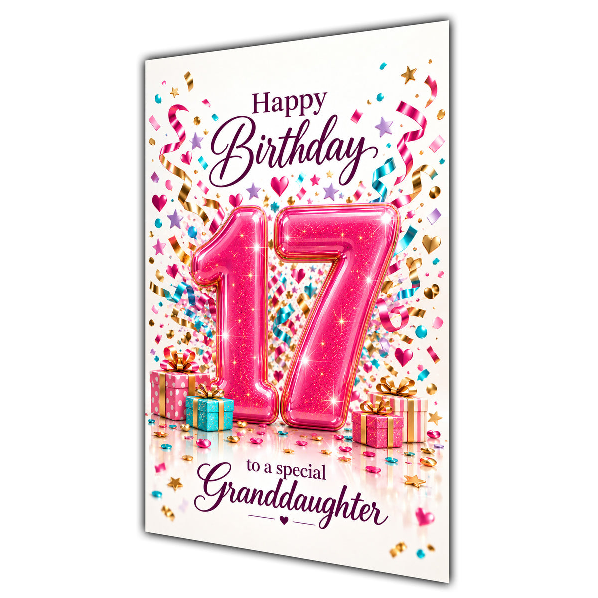 Granddaughter 17th Birthday Card - Pink Number and Confetti