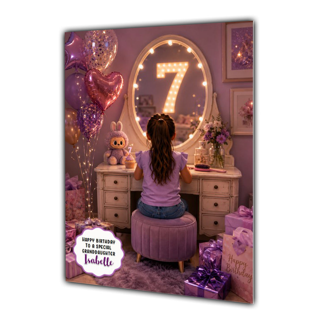 7th Birthday Card For Girls, Daughter, Granddaughter, Niece, Brown Hair, Dressing Table