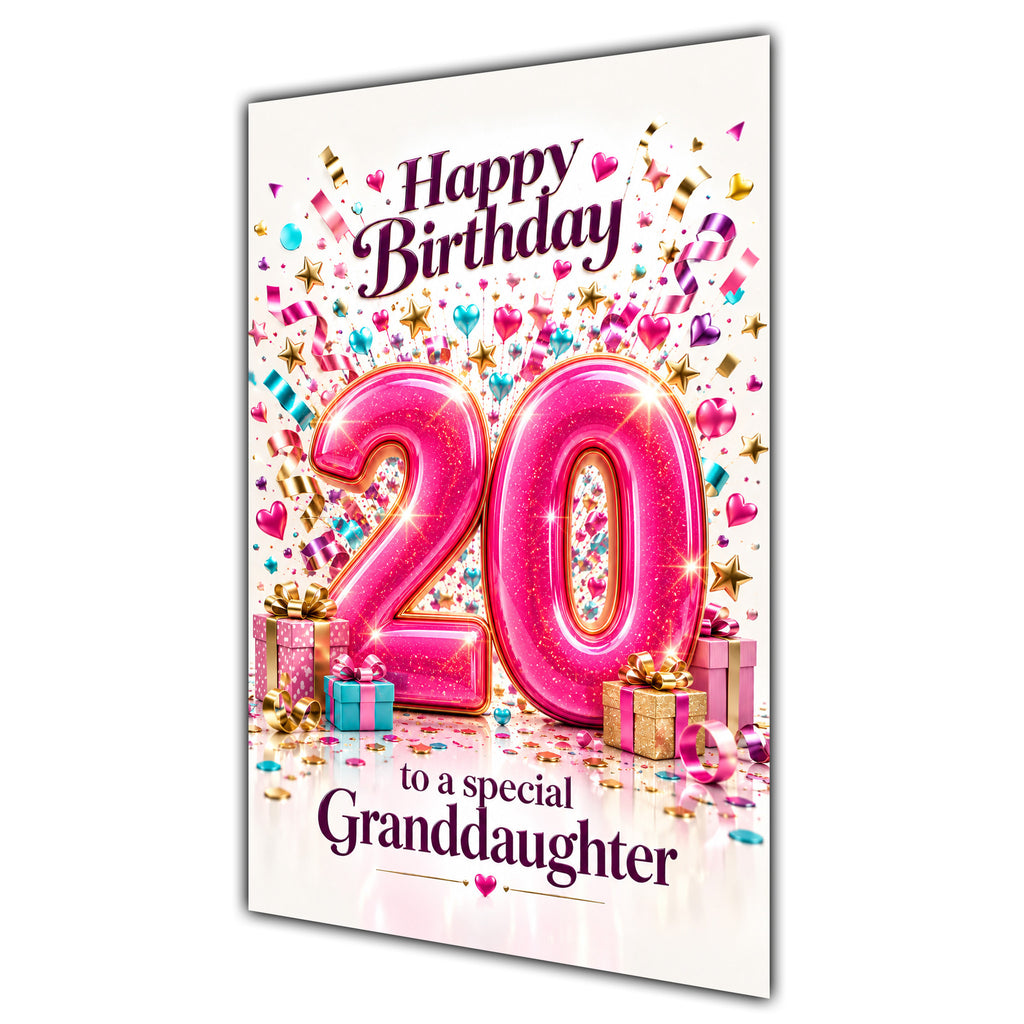 Granddaughter 20th Birthday Card - Pink Number and Confetti