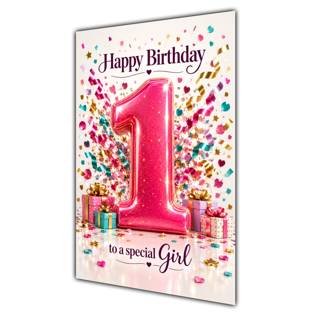 Girl 1st Birthday Card - Pink Number and Confetti