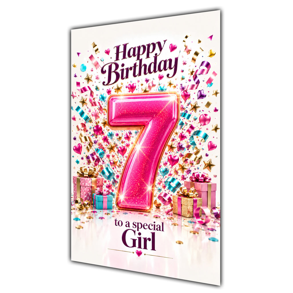 Girl 7th Birthday Card - Pink Number and Confetti