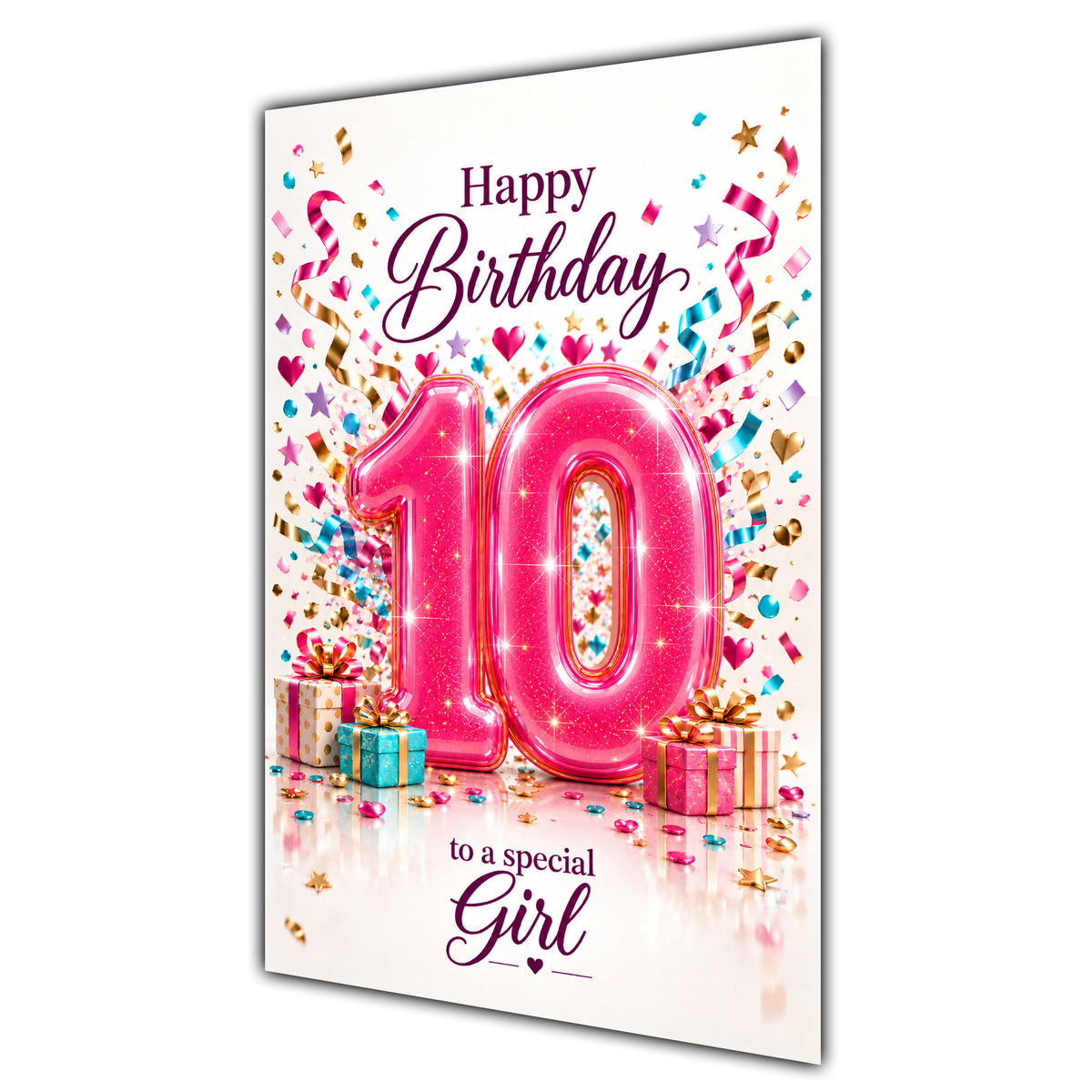 Girl 10th Birthday Card - Pink Number and Confetti