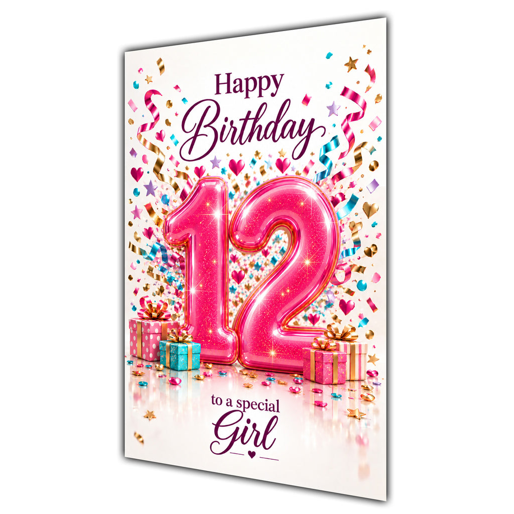 Happy 12th Birthday Special Girl Pink Number Confetti Gifts Card A5