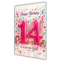 Girl 14th Birthday Card - Pink Number and Confetti