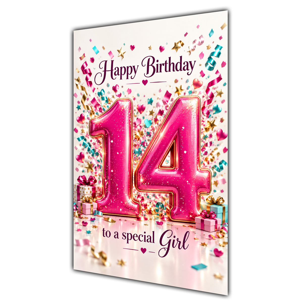 Girl 14th Birthday Card - Pink Number and Confetti