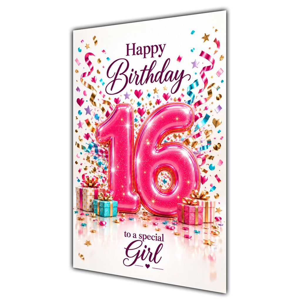 Girl 16th Birthday Card - Pink Number and Confetti