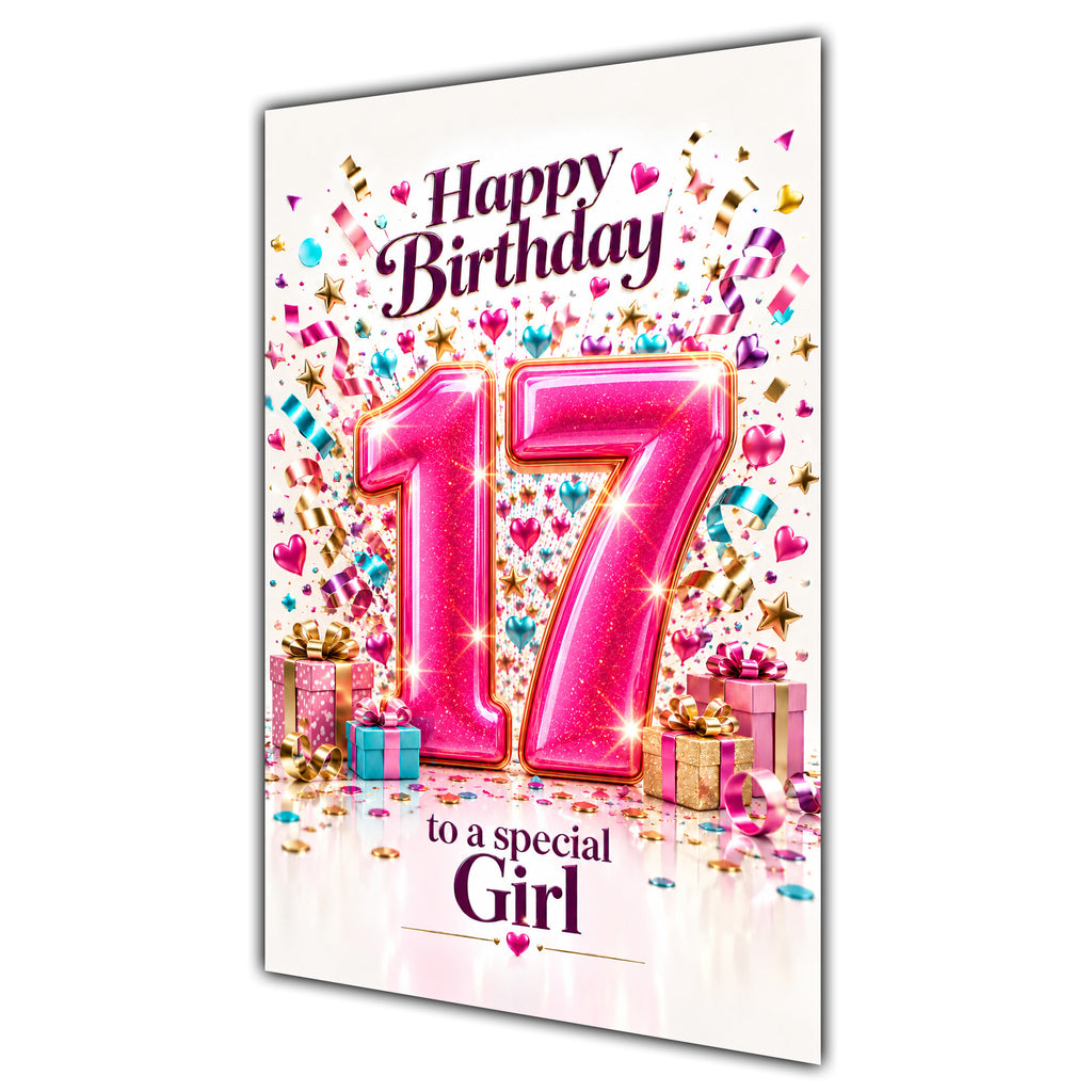 Happy 17th Birthday Special Girl Pink Number Confetti Gifts Card A5