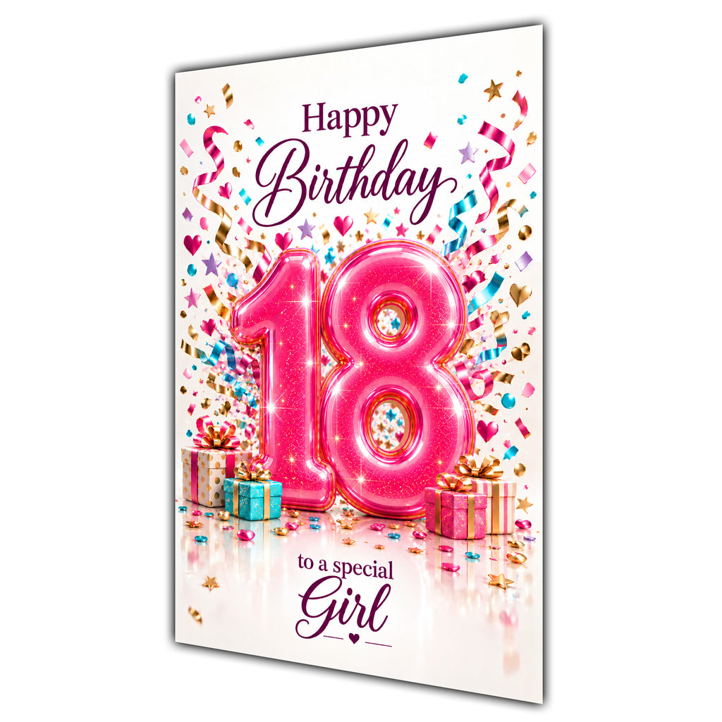Girl 18th Birthday Card - Pink Number and Confetti