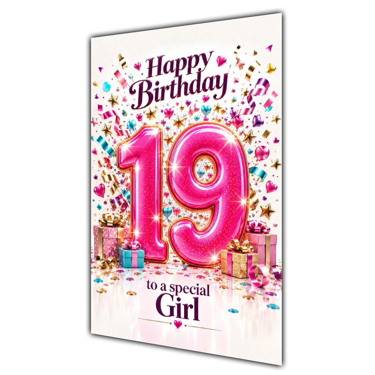 Girl 19th Birthday Card - Pink Number and Confetti