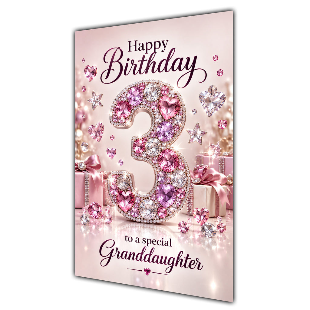 Granddaughter 3rd Birthday Card - Pink Jewel Effect Number