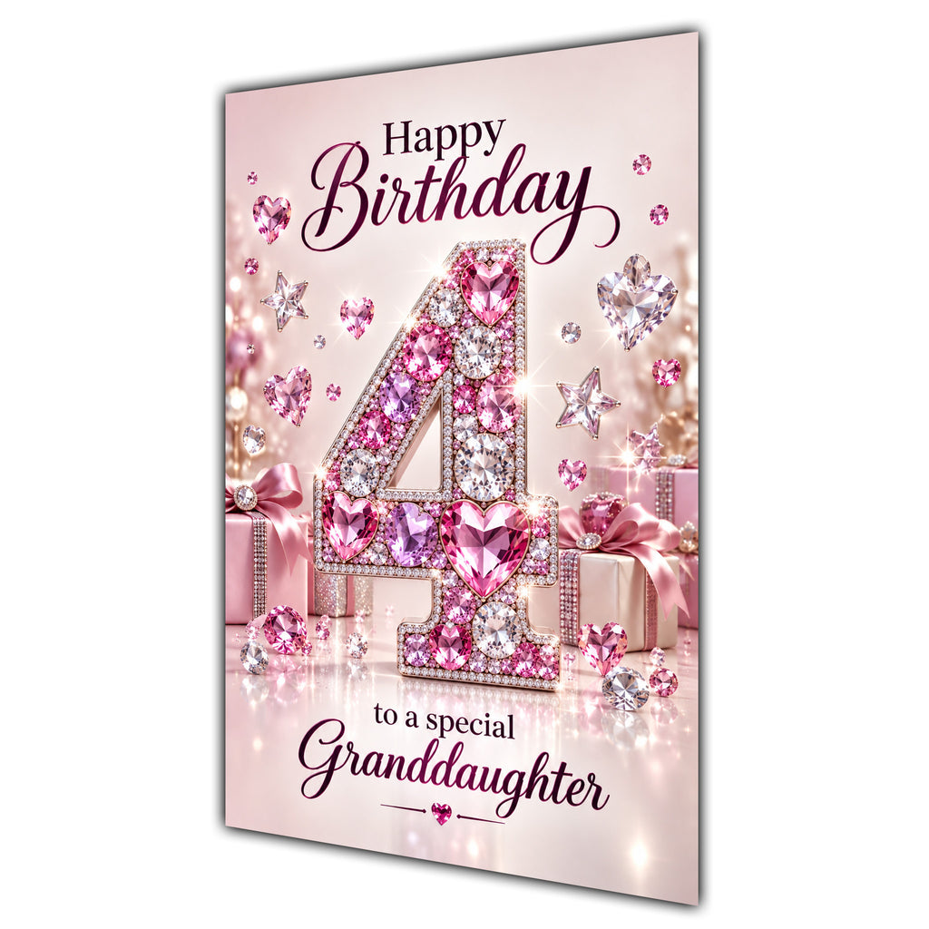 Happy 4th Birthday Granddaughter Pink Gemstone Number Card A5