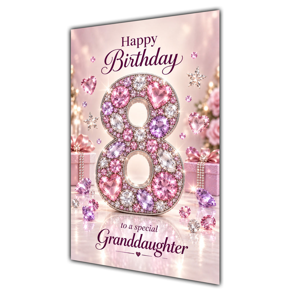 Happy 8th Birthday Granddaughter Pink Gemstone Number Card A5