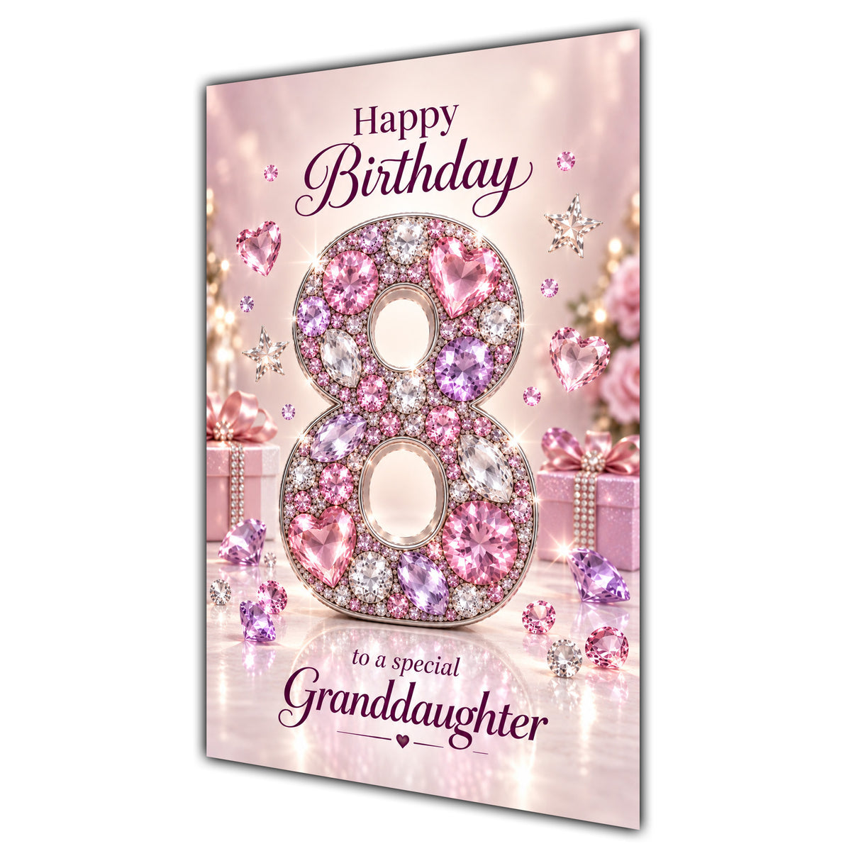 Happy 8th Birthday Granddaughter Pink Gemstone Number Card A5