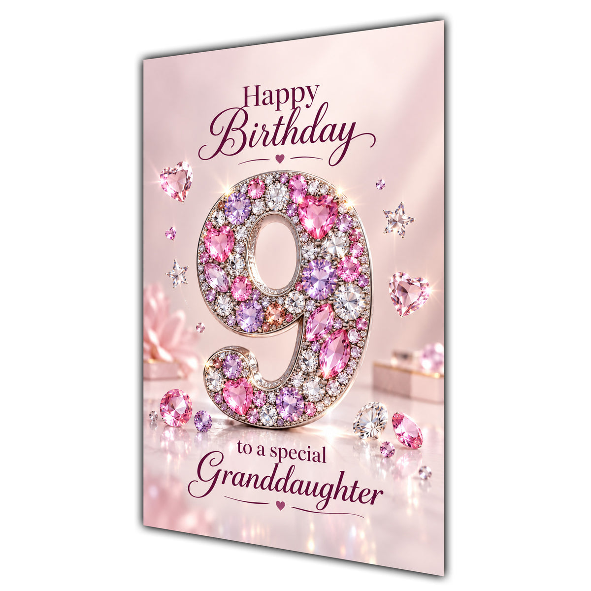 Granddaughter 9th Birthday Card - Pink Jewel Effect Number