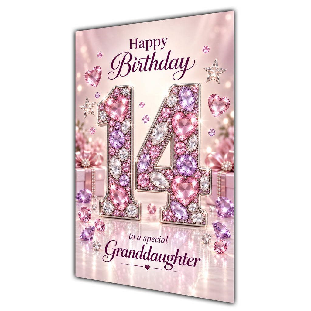 Happy 14th Birthday Granddaughter Pink Gemstone Number Card A5