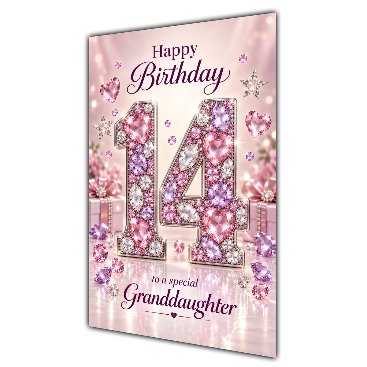 Happy 14th Birthday Granddaughter Pink Gemstone Number Card A5