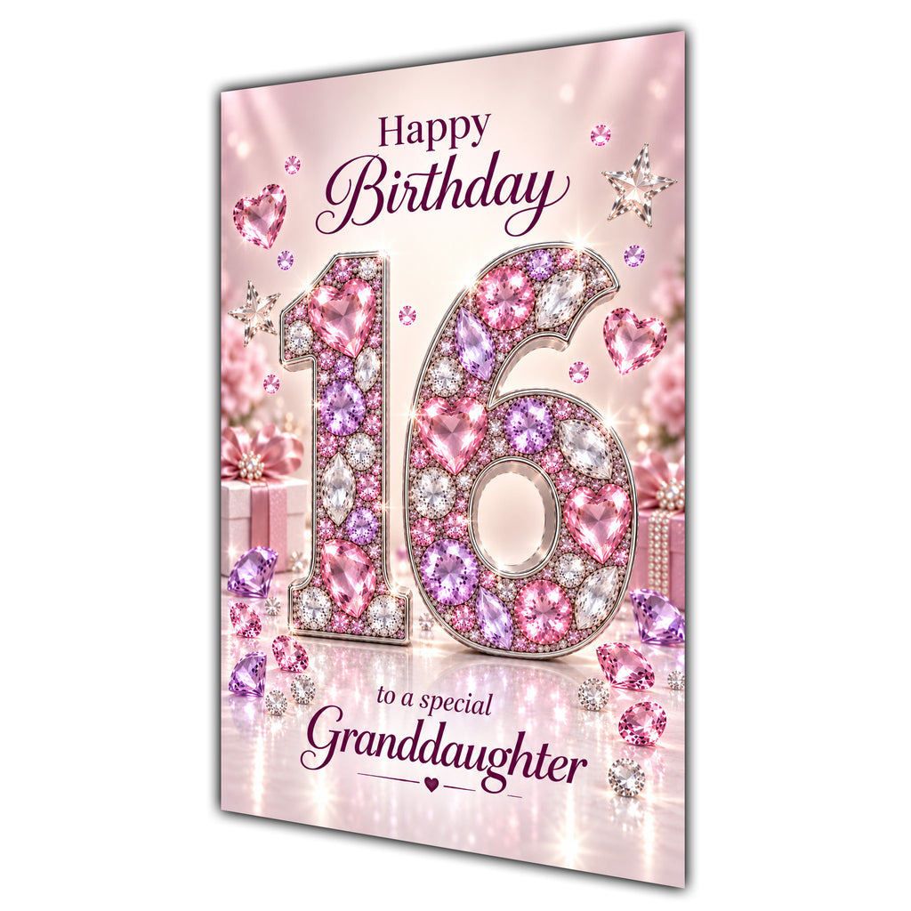 Granddaughter 16th Birthday Card - Pink Jewel Effect Number