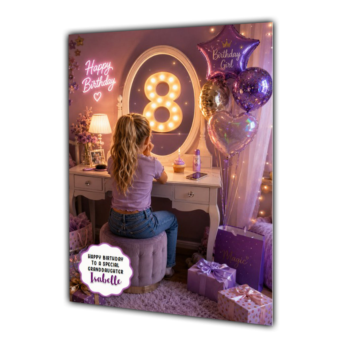 8th Birthday Card For Girls, Daughter, Granddaughter, Niece, Blonde Hair, Dressing Table