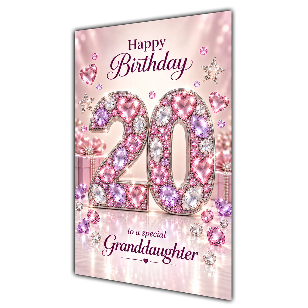 Granddaughter 20th Birthday Card - Pink Jewel Effect Number