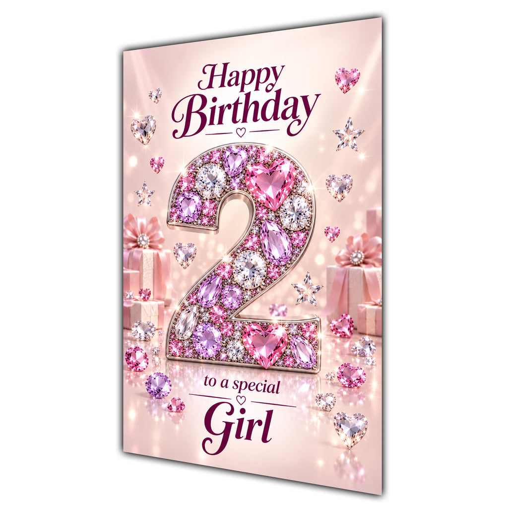 Happy 2nd Birthday Special Girl Pink Gemstone Number Card A5