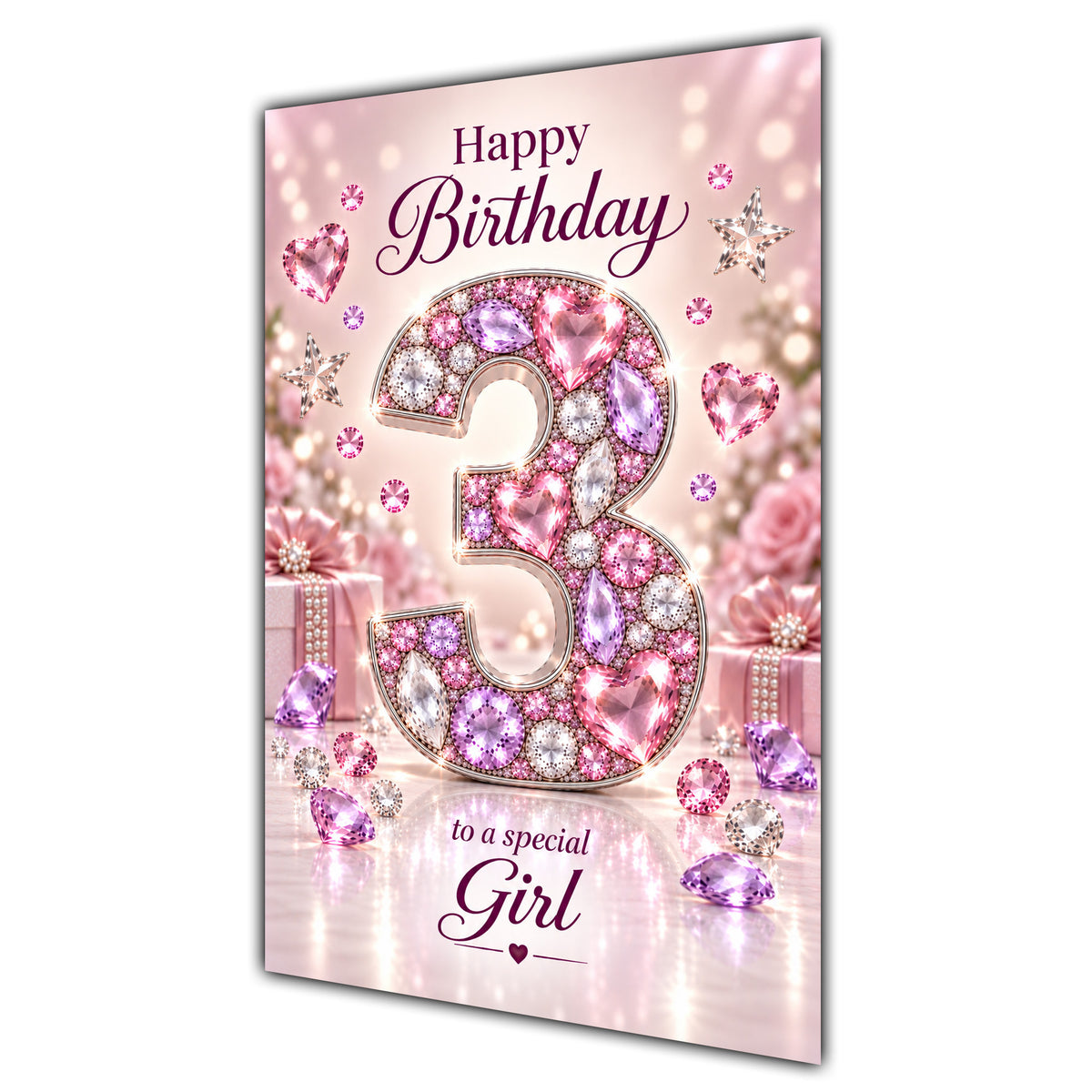 Happy 3rd Birthday Special Girl Pink Gemstone Number Card A5