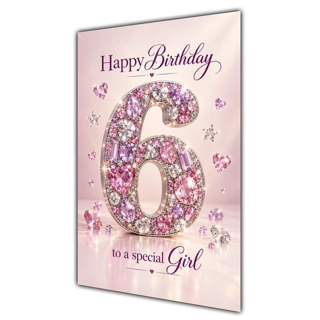 Girl 6th Birthday Card - Pink Jewel Effect Number